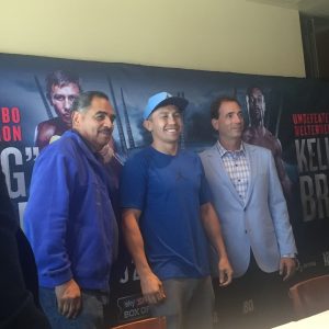 Middleweight champion Gennady Golovkin, with trainer Abel Sanchez (left) and promoter Tom Loeffler (right) at Tuesday L.A. luncheon