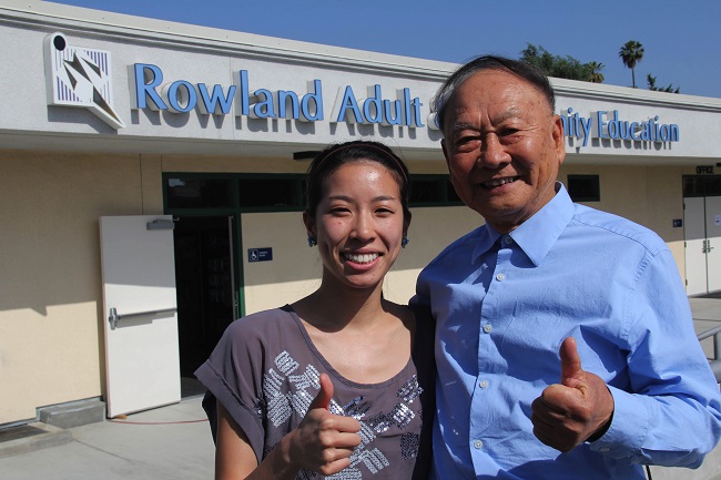 Jimmy Lee joins his grandaughter Audris Fan at Rowland Adult School. 