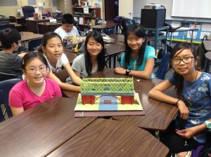 Chaparral GATE students Esther Tarng, Donna Chao, Michelle Chao, Summer Wang show their toothpick bridge. (Photo courtesy of Walnut Valley Unified)