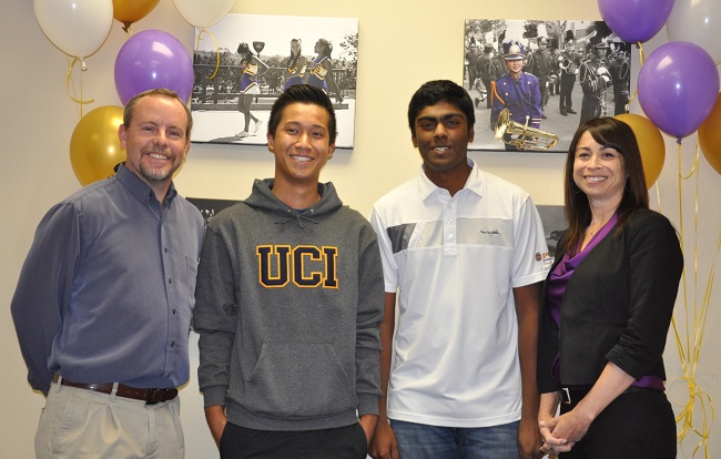 Two Brahma golfers, Sahith Theegala and Jefferson Kao, who have signed national letters of intent. Shown with Coach Ty Watkins and Principal Catherine Real.