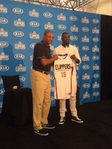 Lance Stephenson, standing next to Clippers coach Doc Rivers, is introduced to L.A. media. (Photo by Alex Nieves/Daily News)