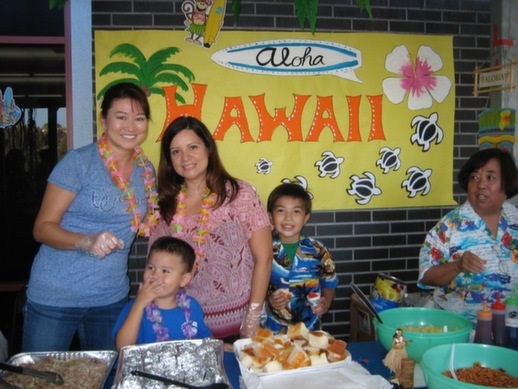 Valerie Lu served up Hawaiian-style food. Shown with Luke, Monica Y., Caden, and Joyce N.