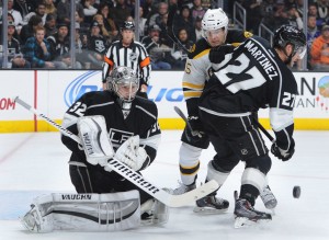 "Kings#32 Jonathan Quick and Kings#27 Alec Martinez stop a shot by Bruins#25 Matt Fraser in the 2nd period. The Los Angeles Kings played the Boston Bruins in a regular season NHL game. Los Angeles, CA. December 2, 2014. (Photo by John McCoy Daily News)"