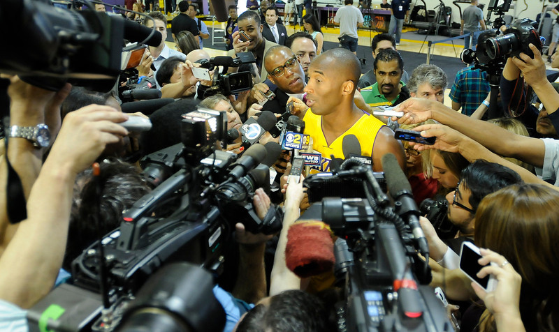 Kobe Bryant is interviewed.The Los Angeles Lakers held a media day at their El Segundo practice facility. Players were photographed for team materials, and interviewed by the press. El Segundo, CA. 9/27/2013. photo by (John McCoy/Los Angeles Daily News)