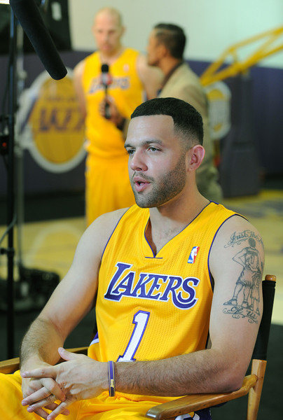 Jordan Farmar is interviewed. The Los Angeles Lakers held a media day at their El Segundo practice facility. Players were photographed for team materials, and interviewed by the press. El Segundo, CA. 9/27/2013. photo by (John McCoy/Los Angeles Daily News)