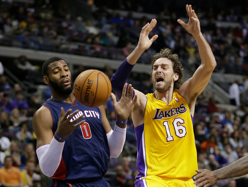 Los Angeles Lakers center Pau Gasol (16), of Spain, is fouled by Detroit Pistons center Andre Drummond (0) during the second quarter of an NBA basketball game at the Palace in Auburn Hills, Mich., Friday, Nov. 29, 2013. (AP Photo/Carlos Osorio)