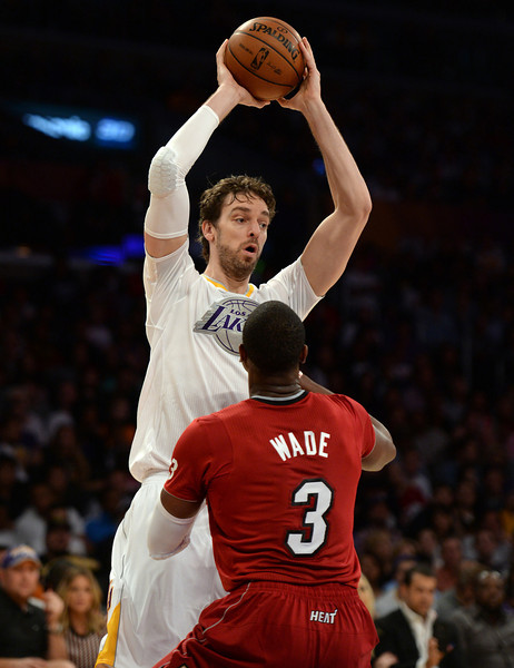 The Lakers’ Pau Gasol #16 looks to pass as the Heat's Dwyane Wade #3 defends during their game at the Staples Center December 25, 2013. The Heat beat the Lakers 101-95. (Photo by Hans Gutknecht/Los Angeles Daily News)