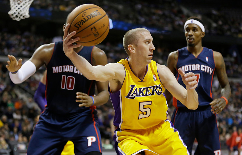 Los Angeles Lakers guard Steve Blake (5) recovers the loose ball and looks to pass around Detroit Pistons forward Greg Monroe (10) and guard Brandon Jennings (7) during the second quarter of an NBA basketball game at the Palace in Auburn Hills, Mich., Friday, Nov. 29, 2013. (AP Photo/Carlos Osorio)