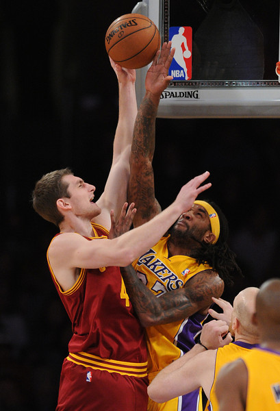 Lakers#27 Jordan Hill blocks a shot by Cleveland#40 Tyler Zeller The Lakers faced the Cleveland Cavaliers in a regular season NBA game at Staples Center. Los Angeles, CA January 14, 2014.(John McCoy/Los Angeles Daily News)
