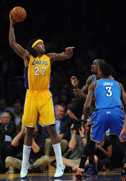 The Lakers’ Jordan Hill #27 shoots during their game against the Thunder at the Staples Center in Los Angeles Thursday, February 13, 2014.The Thunder beat the Lakers 107-103. (Photo by Hans Gutknecht/Los Angeles Daily News)
