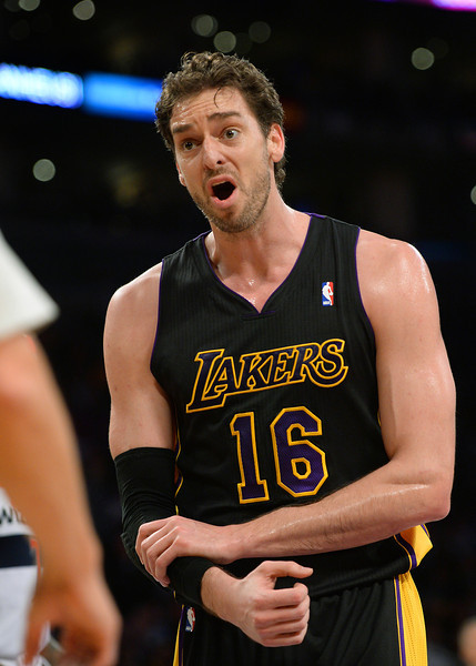 The Lakers' Pau Gasol argues that he was held after committing a turnover against the Wizards, Friday, March 21, 2014, at Staples Center. (Photo by Michael Owen Baker/L.A. Daily News)