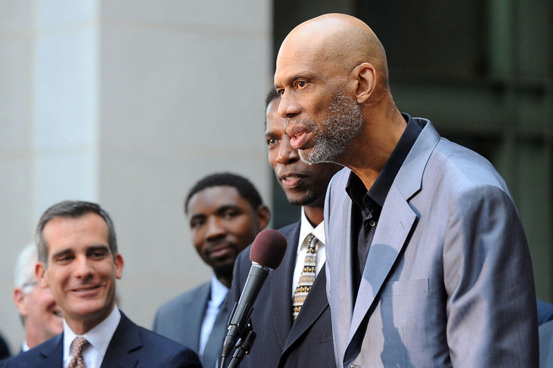 Kareem Abdul-Jabbar speaks during a press conference at Los Angeles city hall regarding NBA Commissioner Adam Silver's banning of Donald Sterling for life from any association with the Clippers or the NBA April 29, 2014.(Andy Holzman/Los Angeles Daily News) 