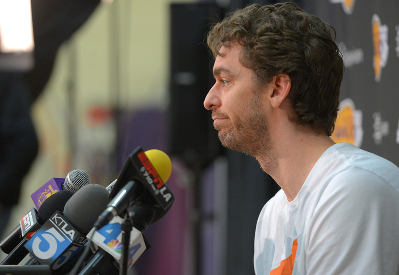 Lakers forward Pau Gasol talks about the disappointing season and his future following his Lakers exit interview at their training facility in El Segundo, CA on Thursday, April 17, 2014. (Photo by Scott Varley, Daily Breeze)
