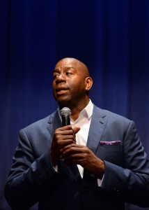 Magic Johnson (pictured speaking at Cal State Long Beach) said he is thrilled with the hiring of Byron Scott as the Lakers new head coach.  Photo by Steve McCrank/Daily Breeze