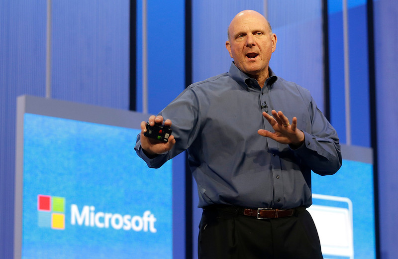 Microsoft CEO Steve Ballmer speaks at a Microsoft event in San Francisco, Wednesday, June 26, 2013. Microsoft is using a three-day conference this week to give people a peek into Windows 8.1, a free update that promises to address some of the gripes people have with the latest version of the company's flagship operating system. A preview version of Windows 8.1 was released Wednesday at the start of the Build conference for Microsoft partners and other technology developers. (AP Photo/Jeff Chiu)