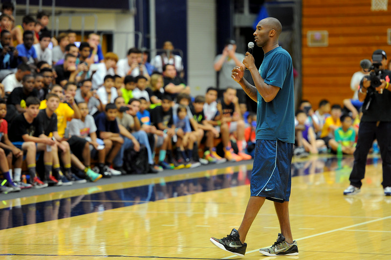 Kobe Bryant welcomes youngsters to the Kobe Basketball Academy at UCSB, Wednesday, July 9, 2014. The five-day camp focuses on the Flex offense, the Princeton offense and the Triangle offense. (Photo by Michael Owen Baker/Los Angeles Daily News)"