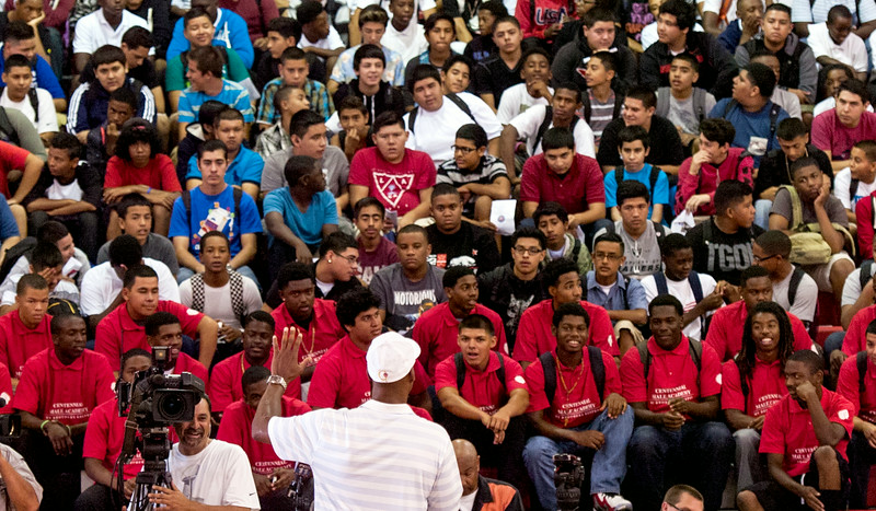 "Lakers coach Byron Scott talks to students as he announced his participation as a mentor in Centennial High School’s Male Academy in Compton, CA. Tuesday August 19, 2014. The academy is a intervention program for the school’s ninth and tenth grade male students. Throughout the school year, Scott will visit the students to mentor as well as participate in motivational discussions. (Thomas R. Cordova-Daily Breeze/Press-Telegram)"