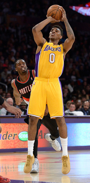 Lakers' #0 Nick Young shoots from the high post in the first half. The Lakers played the Portland Trail Blazers in a regular season game at Staples Center in Los Angeles, CA. April 1, 2014 (Photo by John McCoy / Los Angeles Daily News)