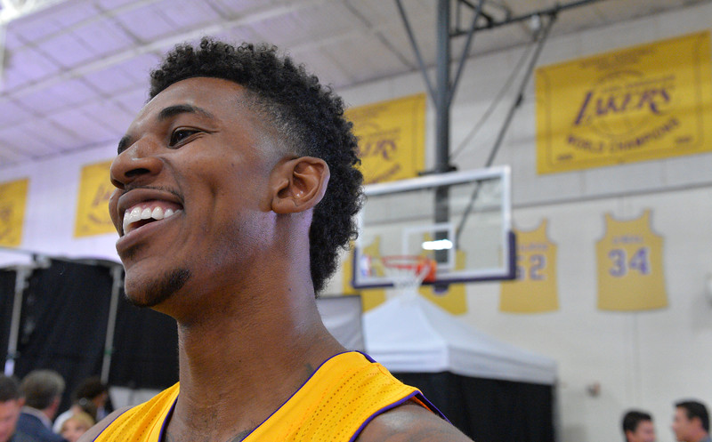"Lakers Nick Young is all smiles as he does a interview as the LA Lakers host their annual Media Day in El Segundo, CA. Monday September 29, 2014.  (Thomas R. Cordova-Daily Breeze/Press-Telegram)"