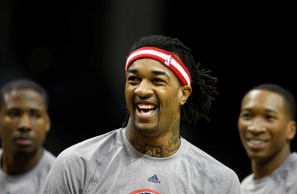 "Los Angeles Lakers' Jordan Hill smiles before the Lakers' NBA basketball game against the Memphis Grizzlies on Tuesday, Nov. 11, 2014, in Memphis, Tenn. (AP Photo/Karen Pulfer Focht)"