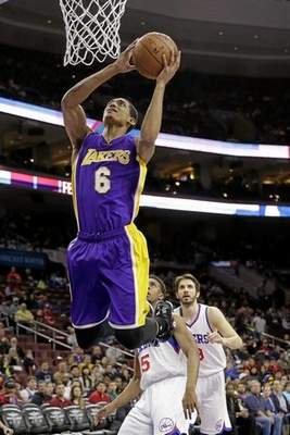 The Lakers’ Jordan Clarkson, who scored a game-high 26 points, goes up for a shot. matt slocum – the associated press