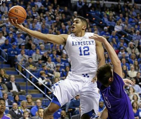 Kentucky's Karl-Anthony Towns, pictured in a game against Grand Canyon, is the expected No. 1 pick in the NBA Draft. The Lakers could draft No. 1, or slip out of the top 5, depending on Tuesday's lottery results. (AP Photo/James Crisp) 