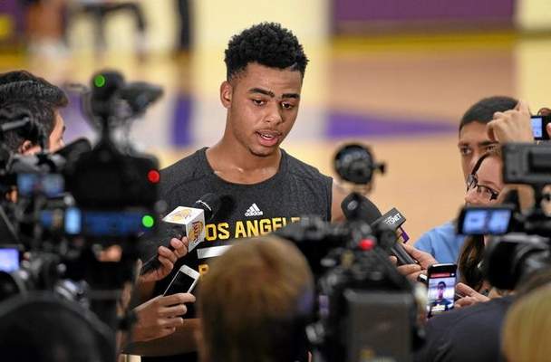 Former Ohio State point guard D'Angelo Russell talks with media after he worked out with Lakers on Monday, June, 8. (Photo by Stephen Carr/Daily Breeze) 
