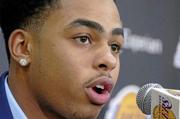 LA Lakers press conference to introduce 2015 NBA Draftees - D'Angelo Russell (shown), Antonio Brown and Larry Nance Jr. - at training facility in El Segundo. Photo by Brad Graverson/LANG/06/29/15 
