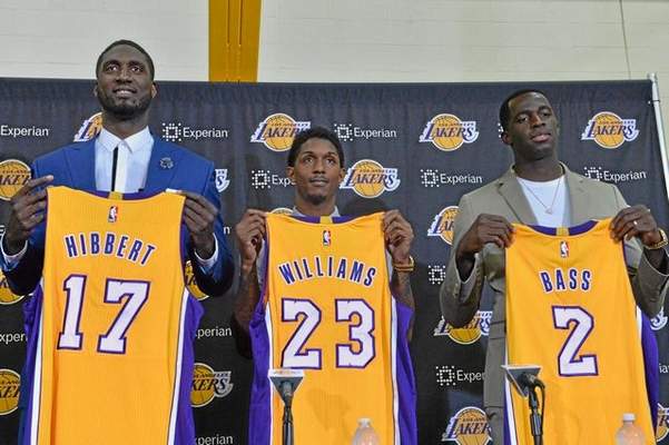 The Lakers held a press conference on Wednesday to introduce new players, from left, center Roy Hibbert, guard Lou Williams and forward Brandon Bass. (Photo by Brad Graverson/staff)