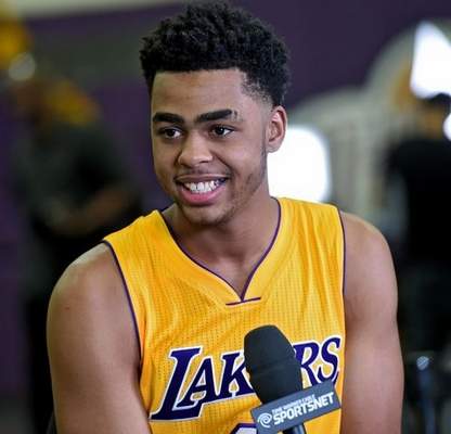os Angeles Lakers Media Day in El Segundo Monday September 28, 2015. D'Angelo Russell smiles during live TV show. ¬ Photo By Robert Casillas / Daily Breeze 