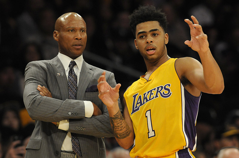 Los Angeles Lakers head coach Byron Scott and Los Angeles Lakers guard D'Angelo Russell #1 have a discussion in the first half .The Los Angeles Lakers played the Denver Nuggets in a regular season NBA game at Staples Center in Los Angeles, CA. 11/3/2015 (photo by John McCoy/Los Angeles News Group)