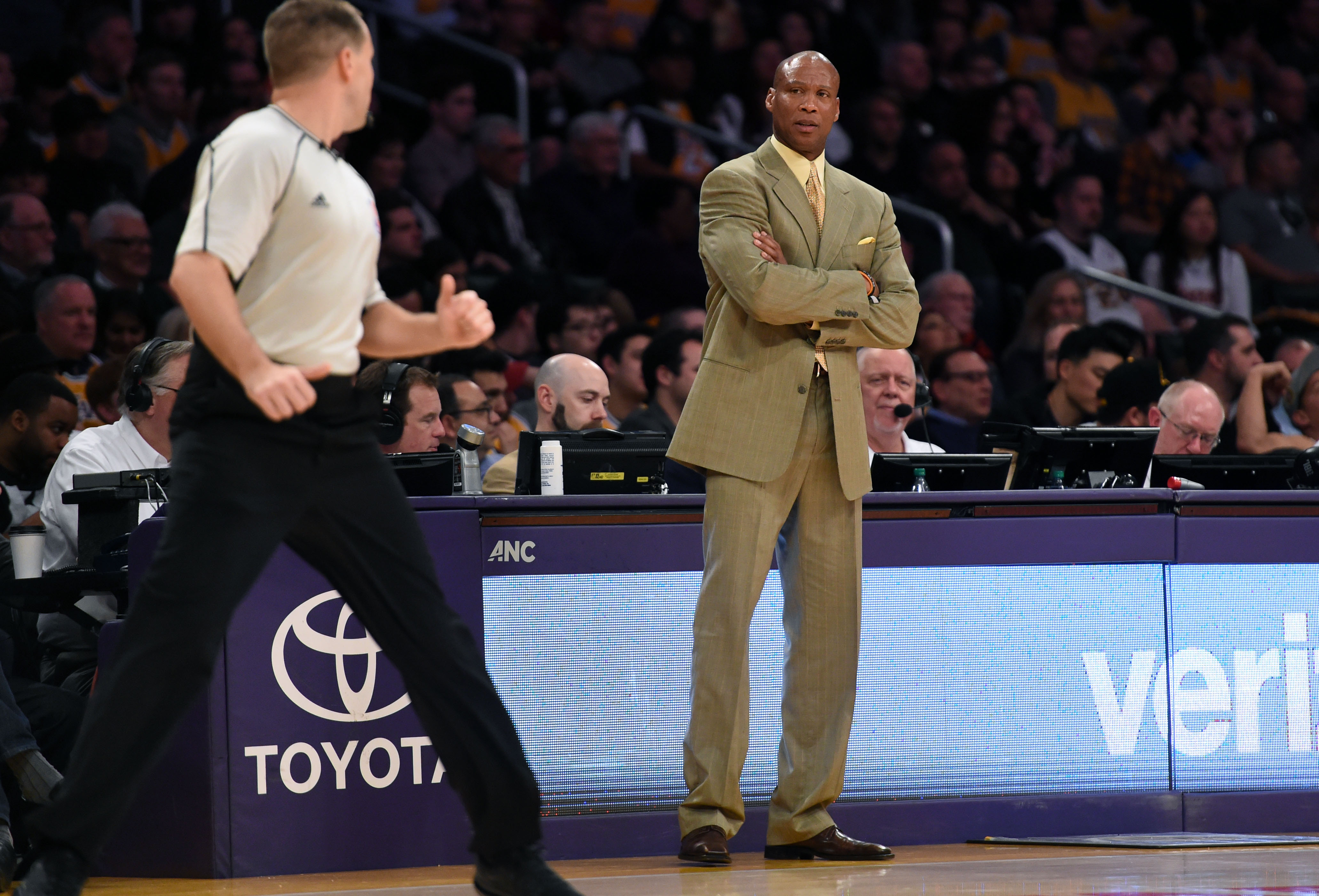 Laker head coach upset with a call against Utah, in the 4th quarter, at the Staples Center. Utah won 86-74. Los Angeles , Calif., Sunday, January,10, 2016. (Photo by Stephen Carr / Daily Breeze)