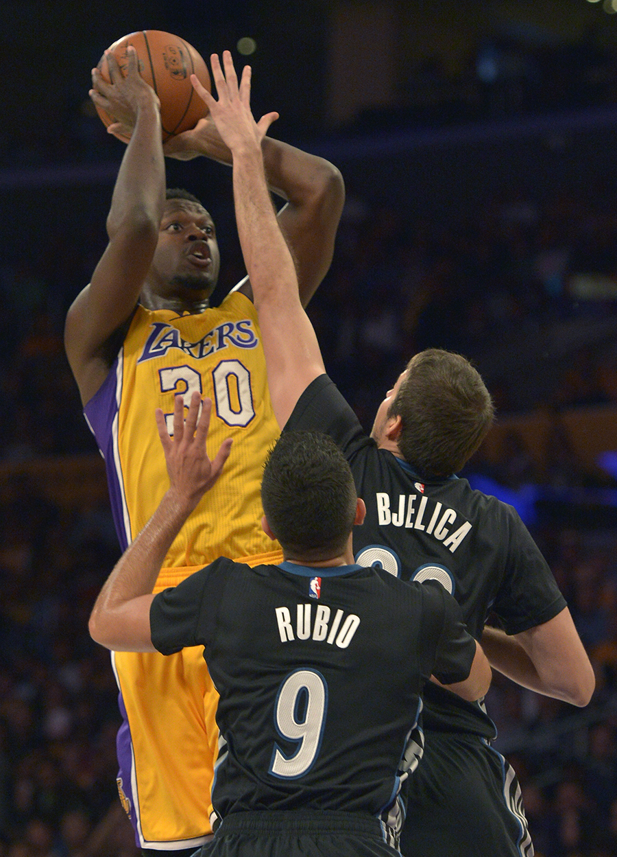 Lakers forward Julius Randle likely will compete for the starting forward spot for the rest of the 2015-16 season. (photo by John McCoy/Los Angeles News Group)