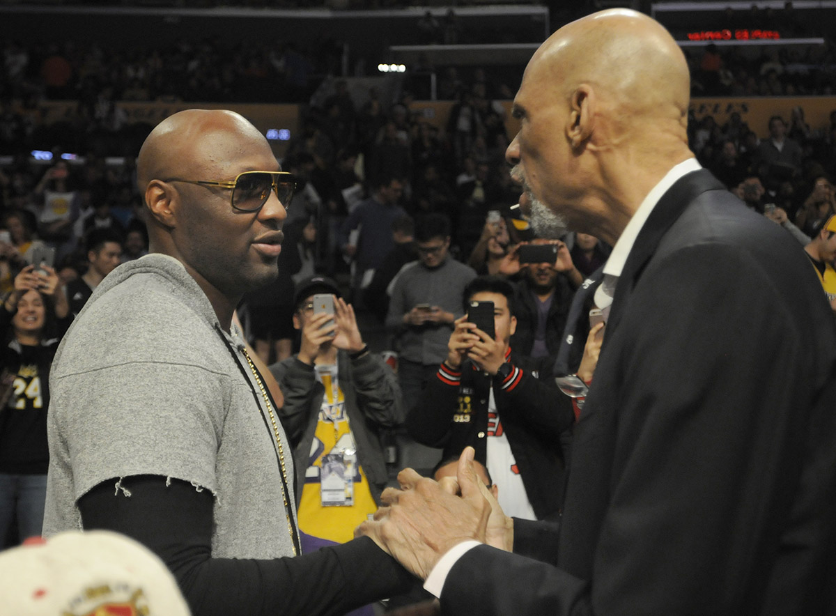 Lamar Odom and Kareem Abdul-Jabbar have some pleasant words before the game. The Los Angeles Lakers played the Miami Heat at Staples Center in Los Angeles, CA.  March 30, 2016.  (Photo by John McCoy/Los Angeles News Group)