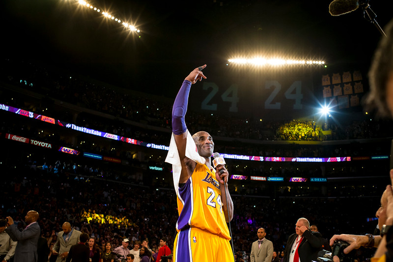 Kobe Bryant waves to fans after scoring 60 points in the final game of his career against the against the Utah Jazz. April 13, 2016. Los Angeles, CA.Ê (Photo by David Crane/Southern California News Group)