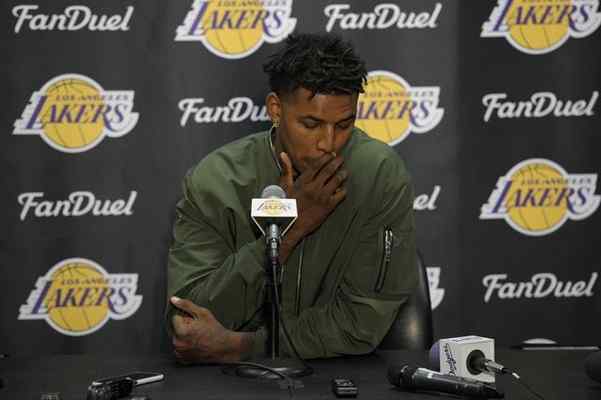 Nick Young, seen briefly addressing last week’s controversy involving rookie teammate D’Angelo Russell, was on the inactive roster for Sunday’s game against Boston. John McCoy — Staff Photographer