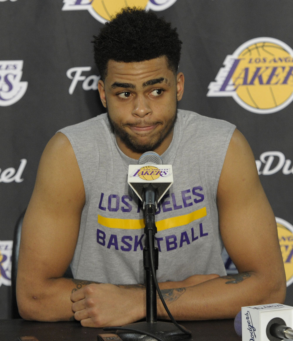 D'Angelo Russell talks about how he shot a video on his phone of Young talking about cheating on his Fiance Iggy Azelia. The Los Angeles Lakers played the Miami Heat at Staples Center in Los Angeles, CA.  March 30, 2016.  (Photo by John McCoy/Los Angeles News Group)