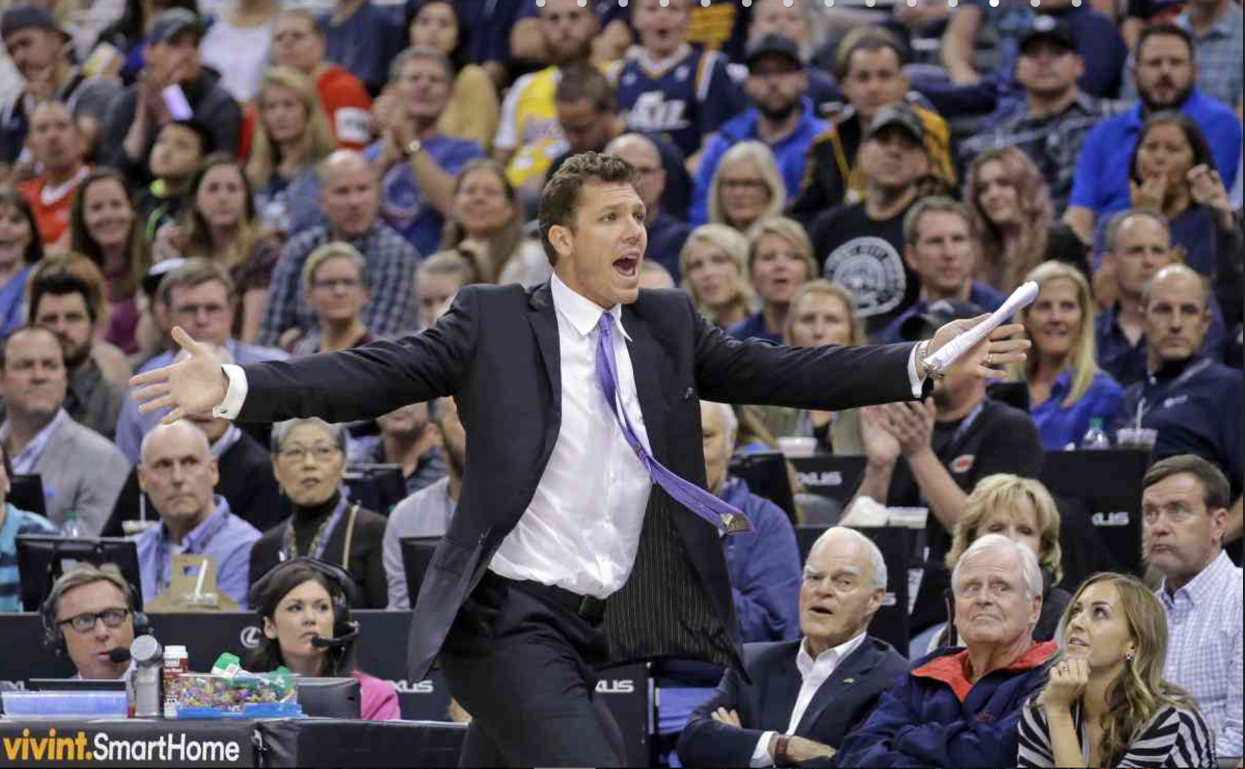 Lakers coach Luke Walton reacts to a call during the second half of his team's 96-89 loss to the Jazz on Friday night in Salt Lake City. AP Photo/Rick Bowmer