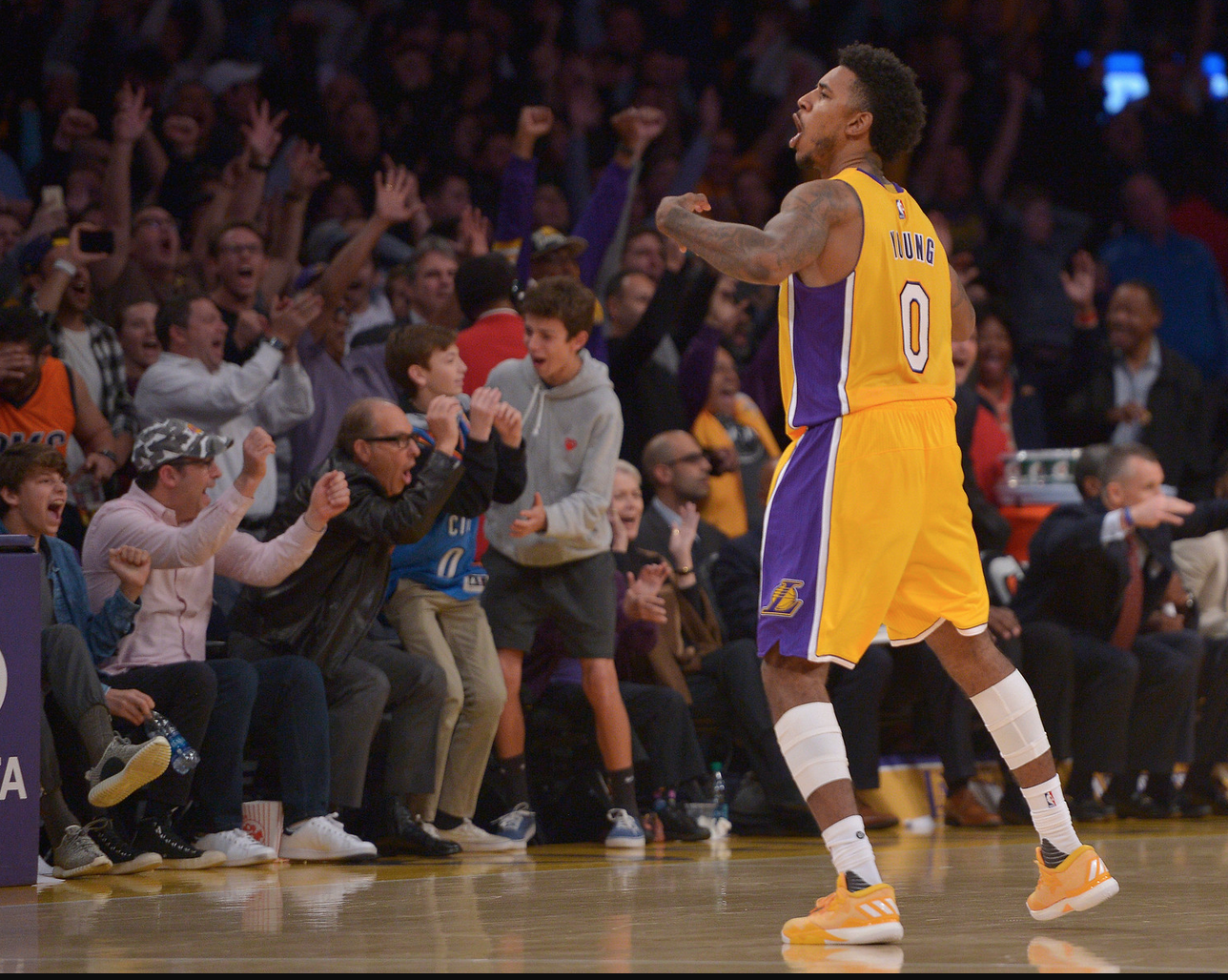 Los Angeles Lakers guard Nick Young #0 celebrates after making the game winning 3-pointer. The Los Angeles Lakers defeated the Oklahoma City Thunder 111-109 at Staples Center in Los Angeles, CA 11/22/2016. Photo by John McCoy/Los Angeles Daily News (SCNG)