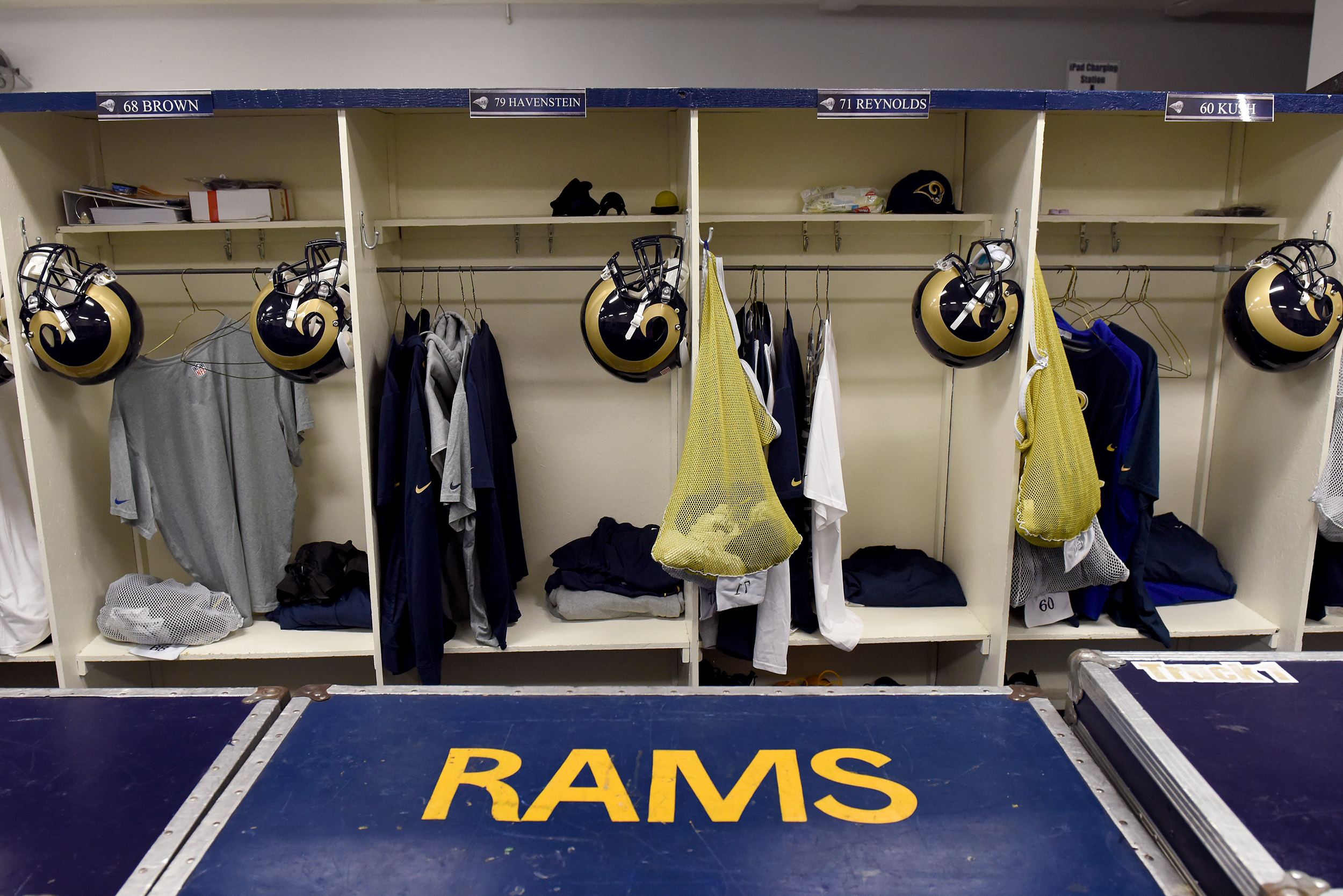 The L.A. Rams practice facility locker room at the Residence Inn in Oxnard, Monday, April 4, 2016. (Photo by Michael Owen Baker)