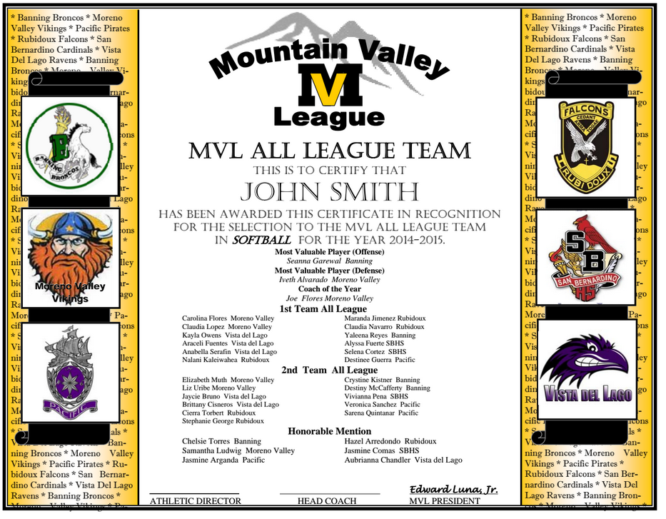 2015 Mountain Valley League softball