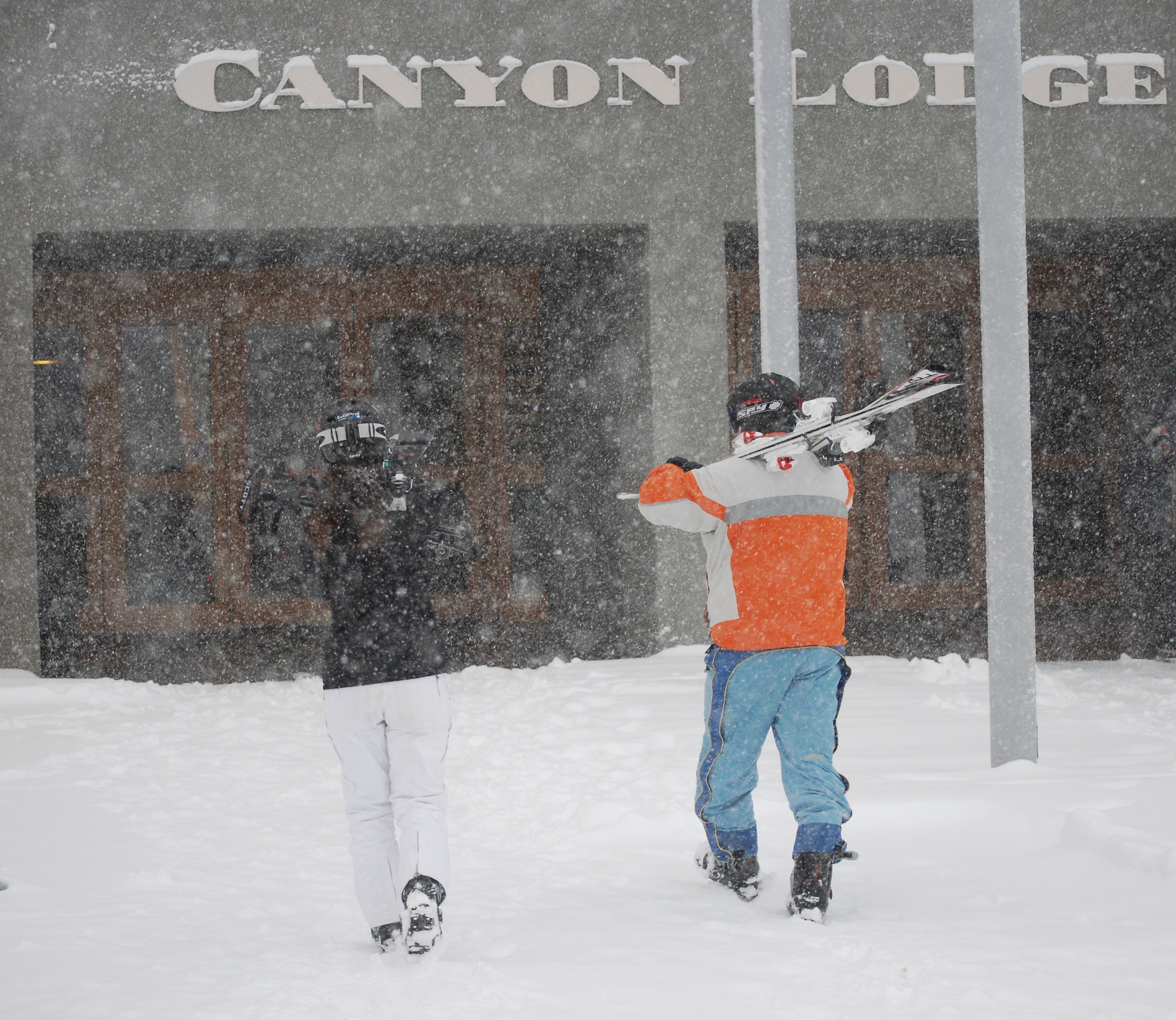 A snowy – and welcome – scene this morning at Mammoth Mountain's Canyon Lodge. (Mammoth Mountain Ski Area photo)