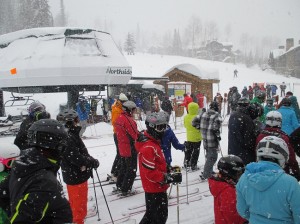 Skiers crowd liftlines at Deer Valley Ski Resort in Park City, Utah. (Photo by Marlene Greer)