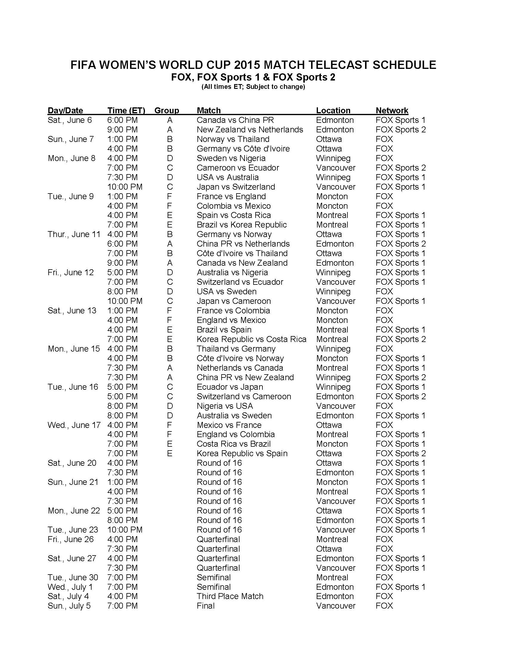 Complete FIFA Women’s World Cup Fox Sports Game Schedule 100 Percent