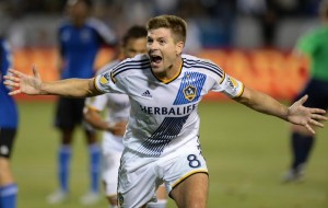 Galaxy's Steven Gerrard celebrates his first MLS goal against the Earthquakes in a MLS soccer game at the StubHub Center, Friday, July 17, 2015, Carson, CA. The score at halftime was tied 2-2.Los Angeles Galaxy vs. San Jose Earthquakes.Photo by Steve McCrank/Staff Photographer