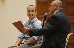 Landon Donovan, left, answers questions from Athletic Director Jeff Martinez during a lecture on Tuesday, September 22, 2015 at the University of Redlands in Redlands, Ca. (Micah Escamilla/Redlands Daily Facts)