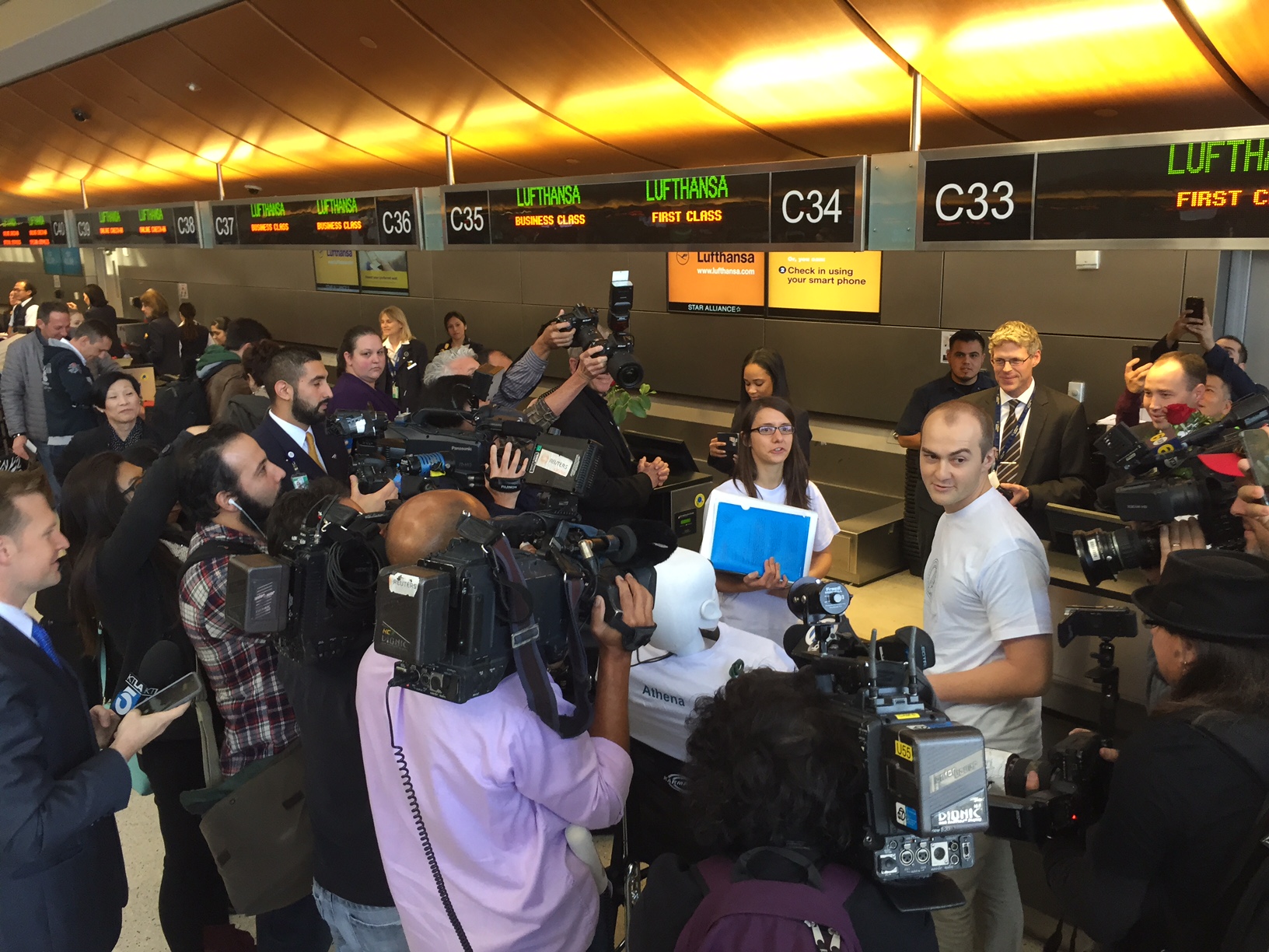 The robot's arrival at LAX created a media circus.