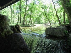 Visitors on the tram ride cross Dogwood Creek near a waterfall.