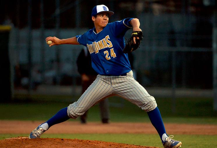 San Dimas starting pitcher Peter Lambert (C) throws to the plate against Bonita in the fourth inning of a prep baseball game at Bonita High School in La Verne, Calif., on Wednesday, March 19, 2014. (Keith Birmingham Pasadena Star-News) 