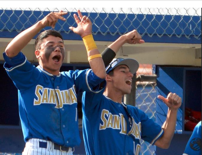 San Dimas bench reacts after Logan Murratalla (C) (not pictured) hit a bases loaded double in the fifth inning of a prep baseball game against Northview at San Dimas High School in San Dimas, Calif., on Friday, March 28, 2014. San Dimas won 15-5. (Keith Birmingham/ San Gabriel Valley Tribune)
